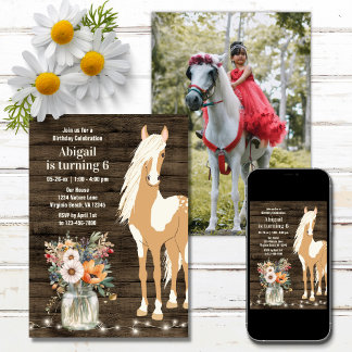 Pferd und Blume Rustikales Holz Foto Geburtstag Einladung