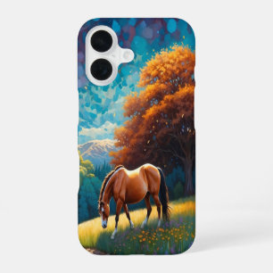 Pferd und Blumen auf einer bunten Wiese iPhone 16 Hülle