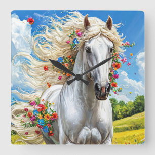 Pferd und Blumen Romantische Natur Heimdekoration Quadratische Wanduhr
