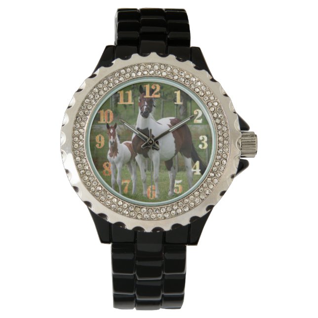Pferd und Colt : Kristall der Frauen Black Enamel  Armbanduhr (Vorderseite)
