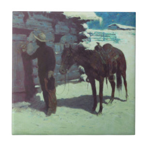 Pferd und Cowboy Winterschnee Fliese