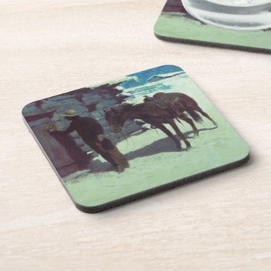 Pferd und Cowboy Winterschnee Getränkeuntersetzer (Linke Seite)