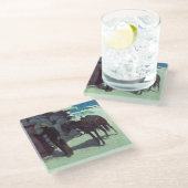 Pferd und Cowboy Winterschnee Glasuntersetzer (Schrägansicht)