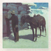 Pferd und Cowboy Winterschnee Glasuntersetzer (Vorderseite)