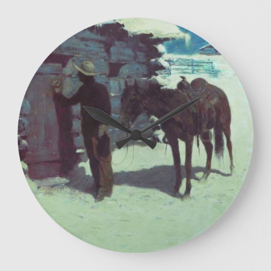 Pferd und Cowboy Winterschnee Große Wanduhr (Vorderseite)