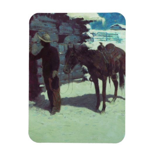 Pferd und Cowboy Winterschnee Magnet (Vertikal)