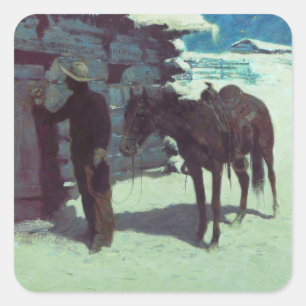 Pferd und Cowboy Winterschnee Quadratischer Aufkleber