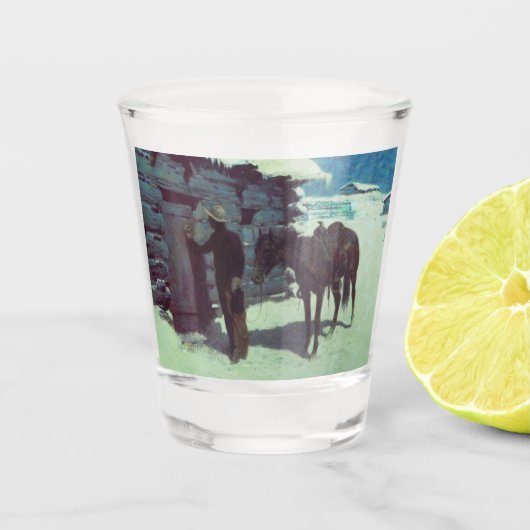 Pferd und Cowboy Winterschnee Schnapsglas (Vorderseite)