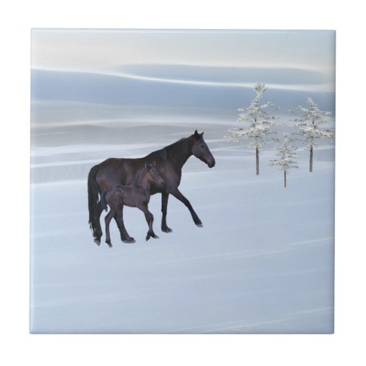 Pferd und Fohlen im Schnee Fliese (Vorderseite)