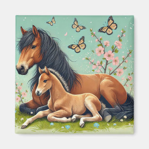 Pferd und Fohlen ruhen in einem Frühlingsambiente Magnet