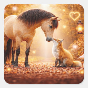 Pferd und Fuchs Fantasy Wald Süß Quadratischer Aufkleber