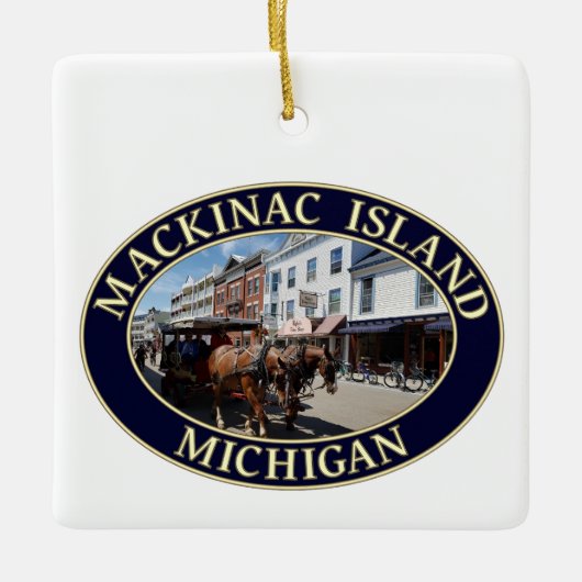 Pferd und Heirat in der Innenstadt von Mackinac Keramikornament (Vorderseite)