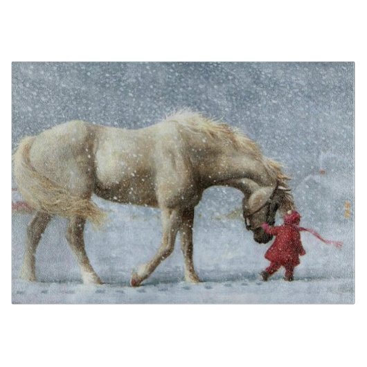Pferd und Mädchen im Winter Schneidebrett (Vorderseite)