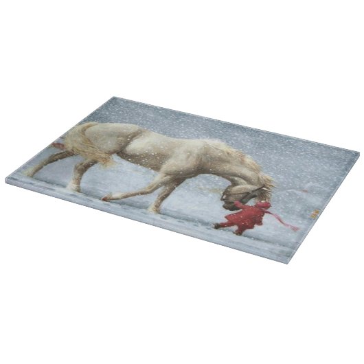 Pferd und Mädchen im Winter Schneidebrett (Ecke)