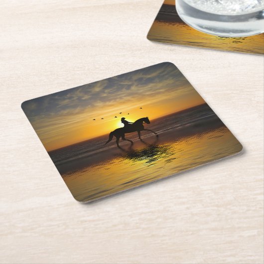 Pferd und Reiter am Strand Dressur Sonnenuntergang Rechteckiger Pappuntersetzer (angewinkelt)