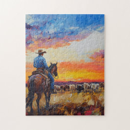Pferd und Reiter bei Sonnenuntergang Herde überprü Puzzle