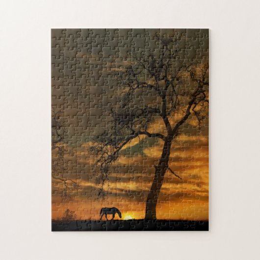 Pferd und Rieseneiche im Sonnenuntergang mit Wolke Puzzle (Vertikal)