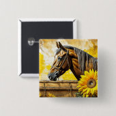 Pferd und Sonnenblumen Schöne künstlerische Kunst Button (Vorne & Hinten)