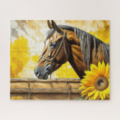 Pferd und Sonnenblumen Schöne künstlerische Kunst Puzzle (Horizontal)