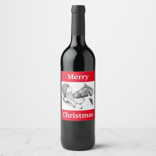Pferd und Weihnachtsmann zu Weihnachten Weinetikett (Vorderseite)