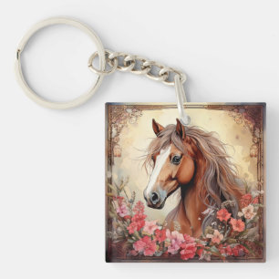 Pferd und Wildblumen Schlüsselanhänger