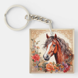 Pferd und Wildblumen Schlüsselanhänger