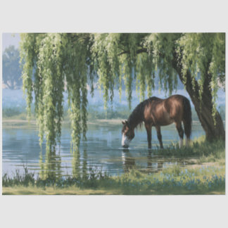 Pferd Weidenbaum Teich Landschaft Seidenpapier