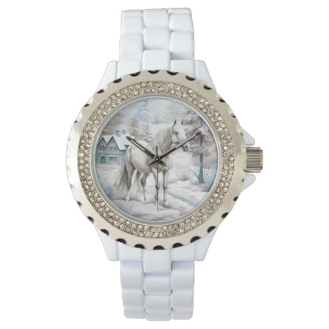 Pferd Winter Szene Schneewald Weihnachten Armbanduhr (Vorderseite)