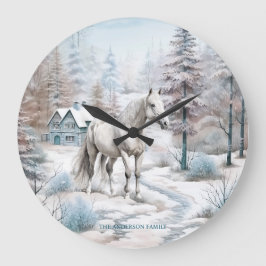 Pferd Winter Szene Schneewald Weihnachten Große Wanduhr