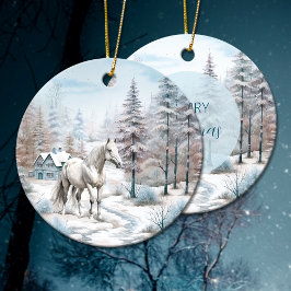 Pferd Winter Szene Schneewald Weihnachten Keramik Ornament