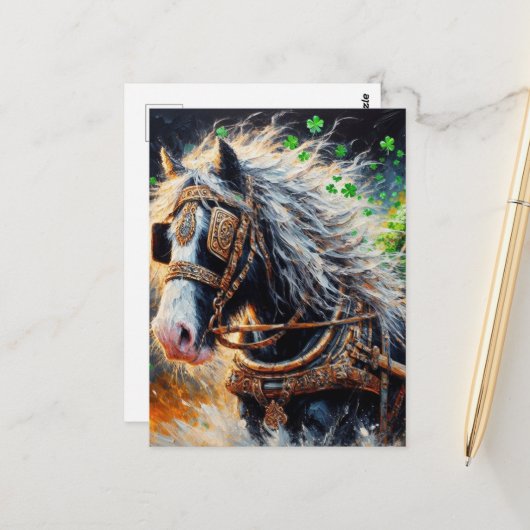 Pferd zieht eine Last von Kleeblättern Postkarte (Vorderseite/Rückseite Beispiel)