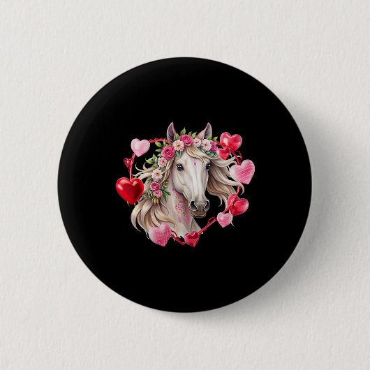 Pferde Blumen Herzen Frohen Valentinstag Reitsport Button (Vorderseite)