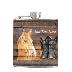 Pferde Cowboy Boots Rustic Barn Board Flachmann