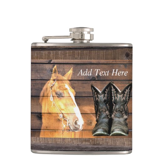 Pferde Cowboy Boots Rustic Barn Board Flachmann (Vorderseite)