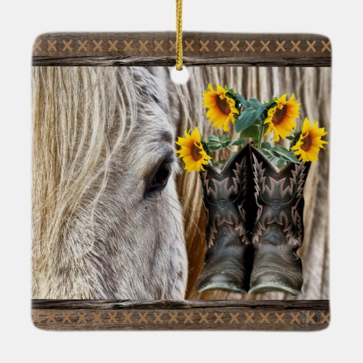 Pferde Cowboy Boots Sonnenblumen Barn Board Keramikornament (Rückseite)