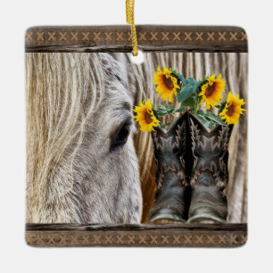 Pferde Cowboy Boots Sonnenblumen Barn Board Keramikornament