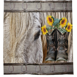 Pferde Cowboy Boots Sonnenblumen Hufeisen Duschvorhang