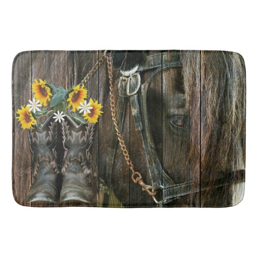 Pferde Cowboy Boots Sunflowers Rustic Barn Board Badematte (Vorderseite)