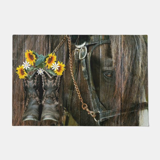 Pferde Cowboy Boots Sunflowers Rustic Barn Board Fußmatte (Vorderseite)