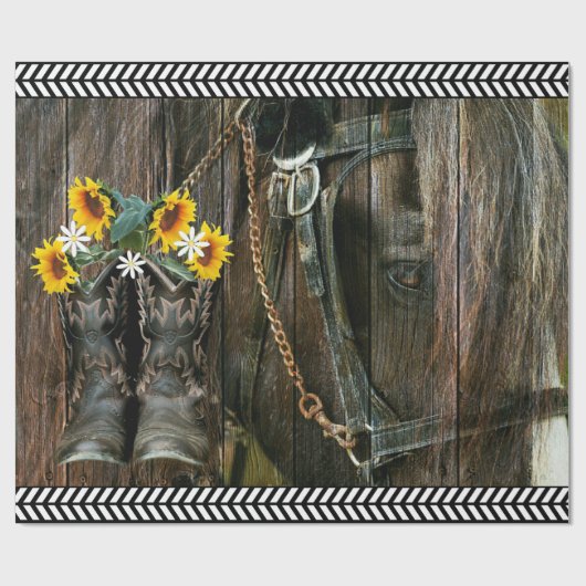 Pferde Cowboy Boots Sunflowers Rustic Barn Board Geschenkpapier (Flach)
