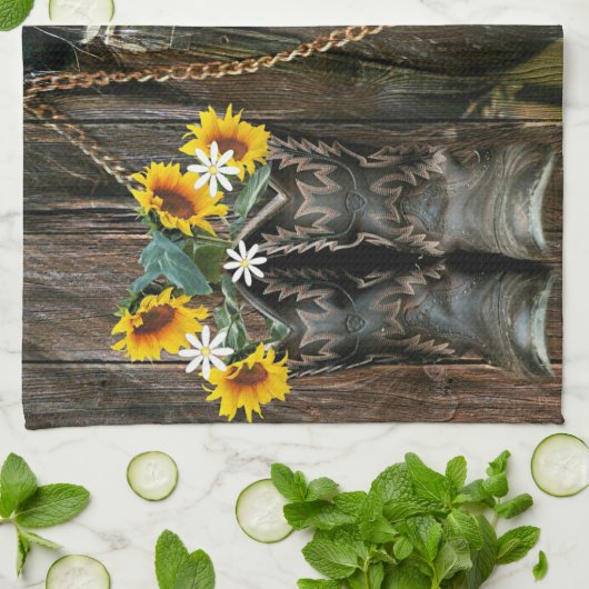 Pferde Cowboy Boots Sunflowers Rustic Barn Board Geschirrtuch (Gefaltet)