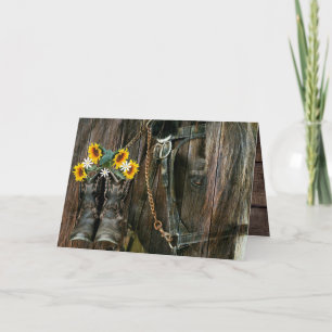 Pferde Cowboy Boots Sunflowers Rustic Barn Board Karte