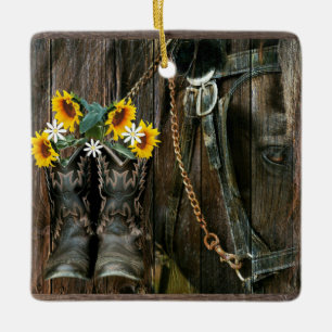Pferde Cowboy Boots Sunflowers Rustic Barn Board Keramikornament