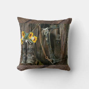 Pferde Cowboy Boots Sunflowers Rustic Barn Board Kissen