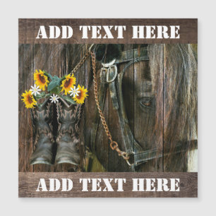 Pferde Cowboy Boots Sunflowers Rustic Barn Board Magnetkarte
