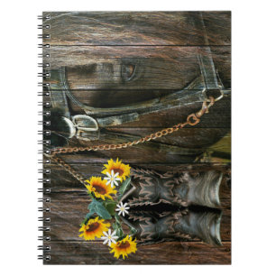 Pferde Cowboy Boots Sunflowers Rustic Barn Board Notizblock