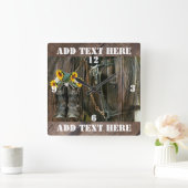 Pferde Cowboy Boots Sunflowers Rustic Barn Board Quadratische Wanduhr (Zuhause)