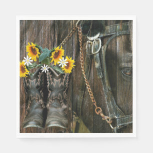 Pferde Cowboy Boots Sunflowers Rustic Barn Board Serviette