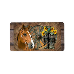 Pferde Cowboy Boots Wagon Wheel Sonnenblumen Weste Adressaufkleber