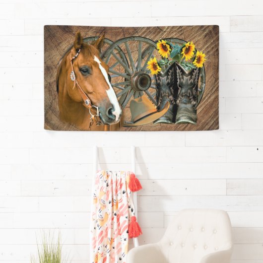 Pferde Cowboy Boots Wagon Wheel Sonnenblumen Weste Banner (Insitu)